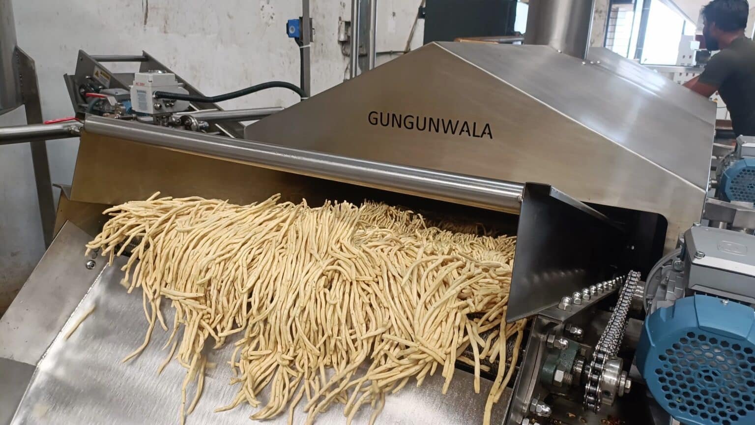 Fully Automatic Bhujia Making Production Line with a continuous namkeen fryer system, designed for high-volume commercial and industrial Bhujia manufacturing.